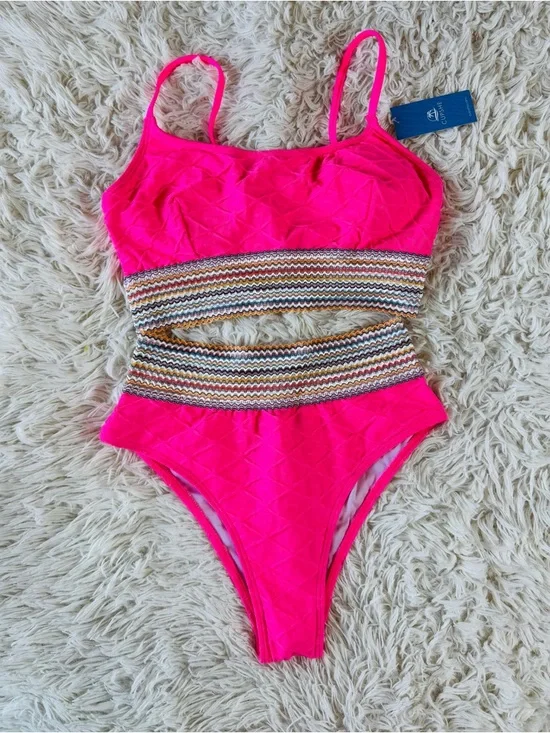 Cupshe Geometric Neon Pink 2 Piece Swimsuit - Picture 2 of 8